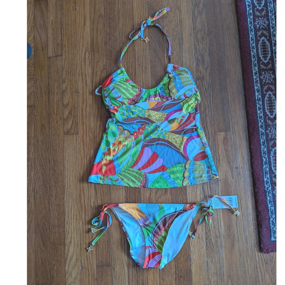 NWT Trina Turk Multicolor Psychedelic‎ Tankini Swimsuit Set Top + Bottom Size 2
